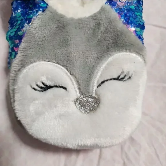 Nwt Women's Penguin Flip Sequin Pull-On Slipper Socks - Blue/Gray M/L 8-10 - Picture 3 of 4